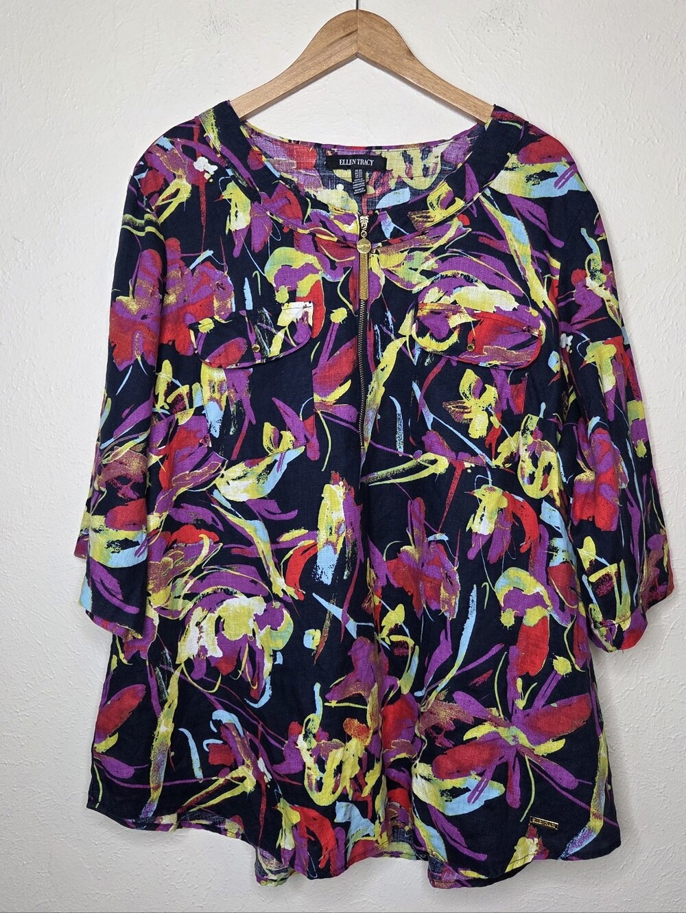 Ellen Tracy Linen Top Floral Zip Front 2X Navy Multicolor Tropical Artsy
